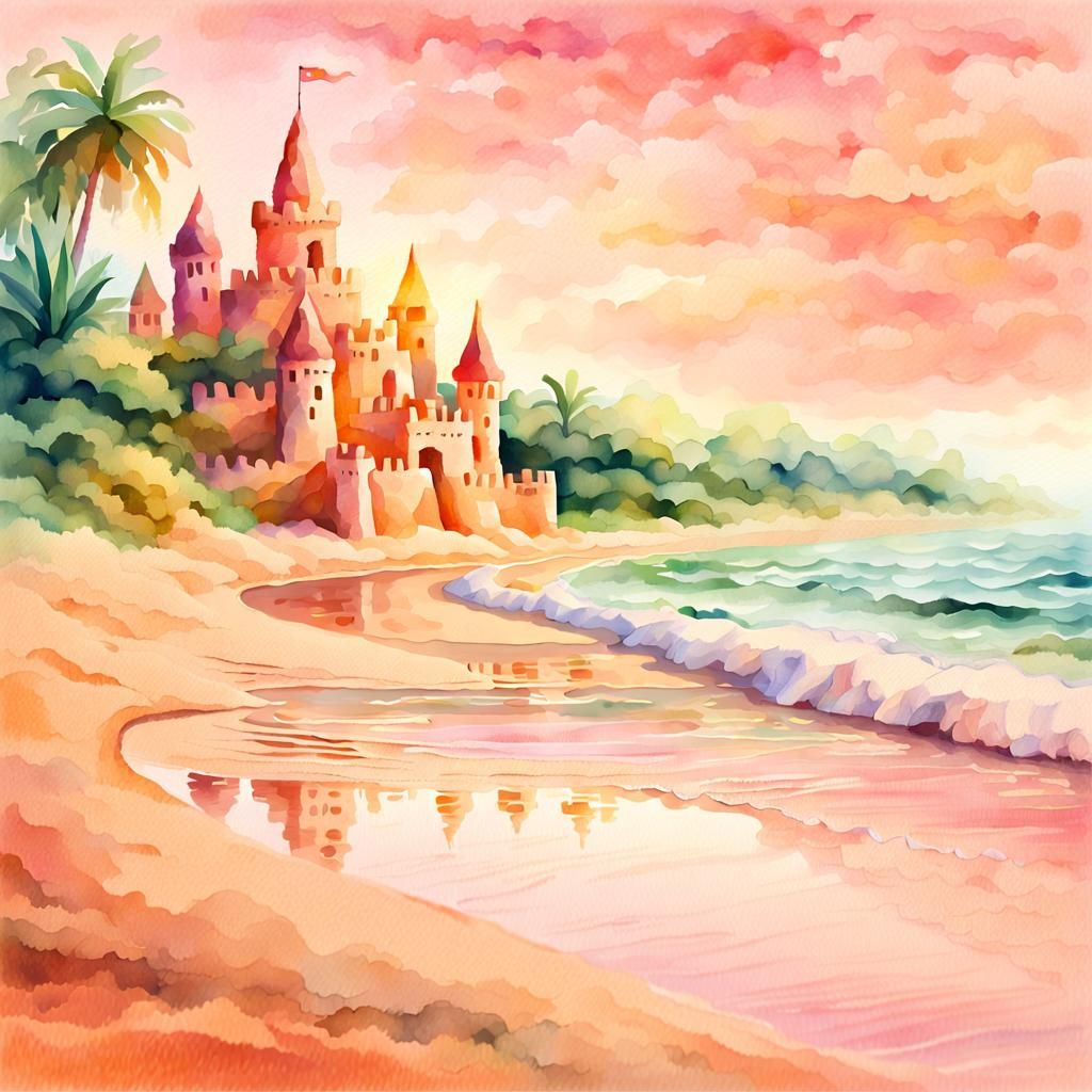 Beach Sandcastles in Dreamy Watercolor Impressionism