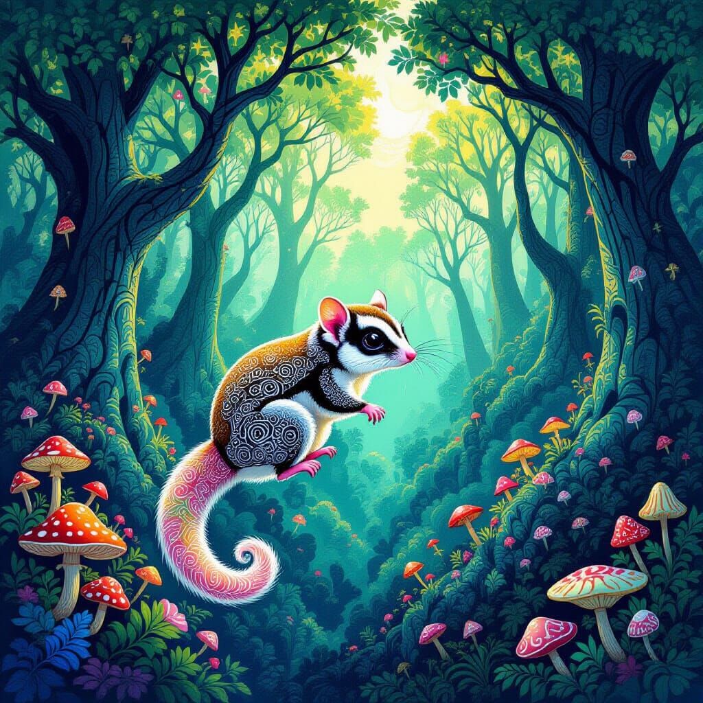 Zentangle Sugar Glider in Surreal Candyland Forest