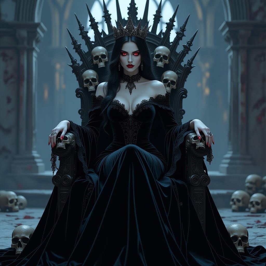 Gothic Vampire Queen on Skull Throne in Decaying Castle
