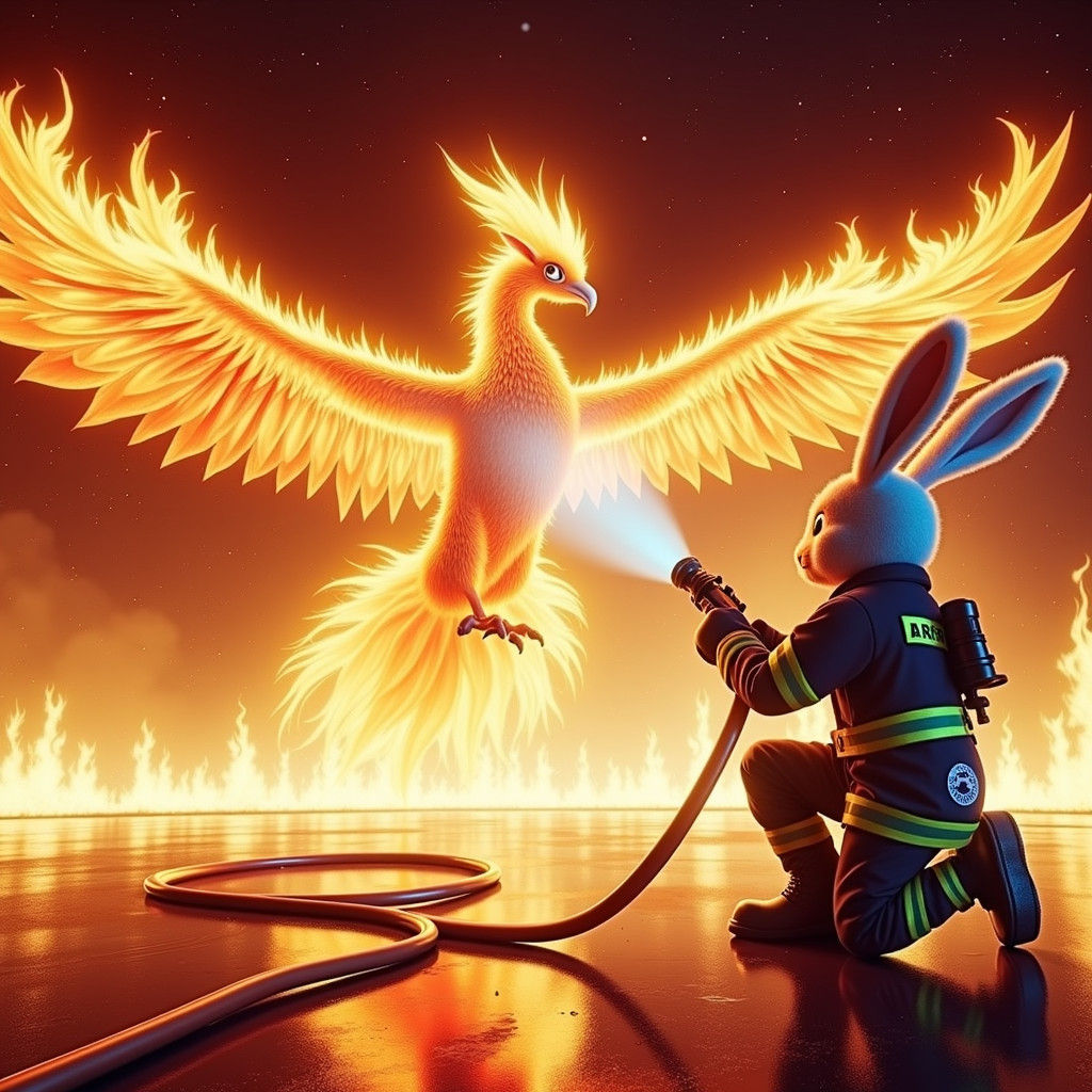Firefighter Bunny Extinguishes Burning Phoenix in Cyberpunk ...