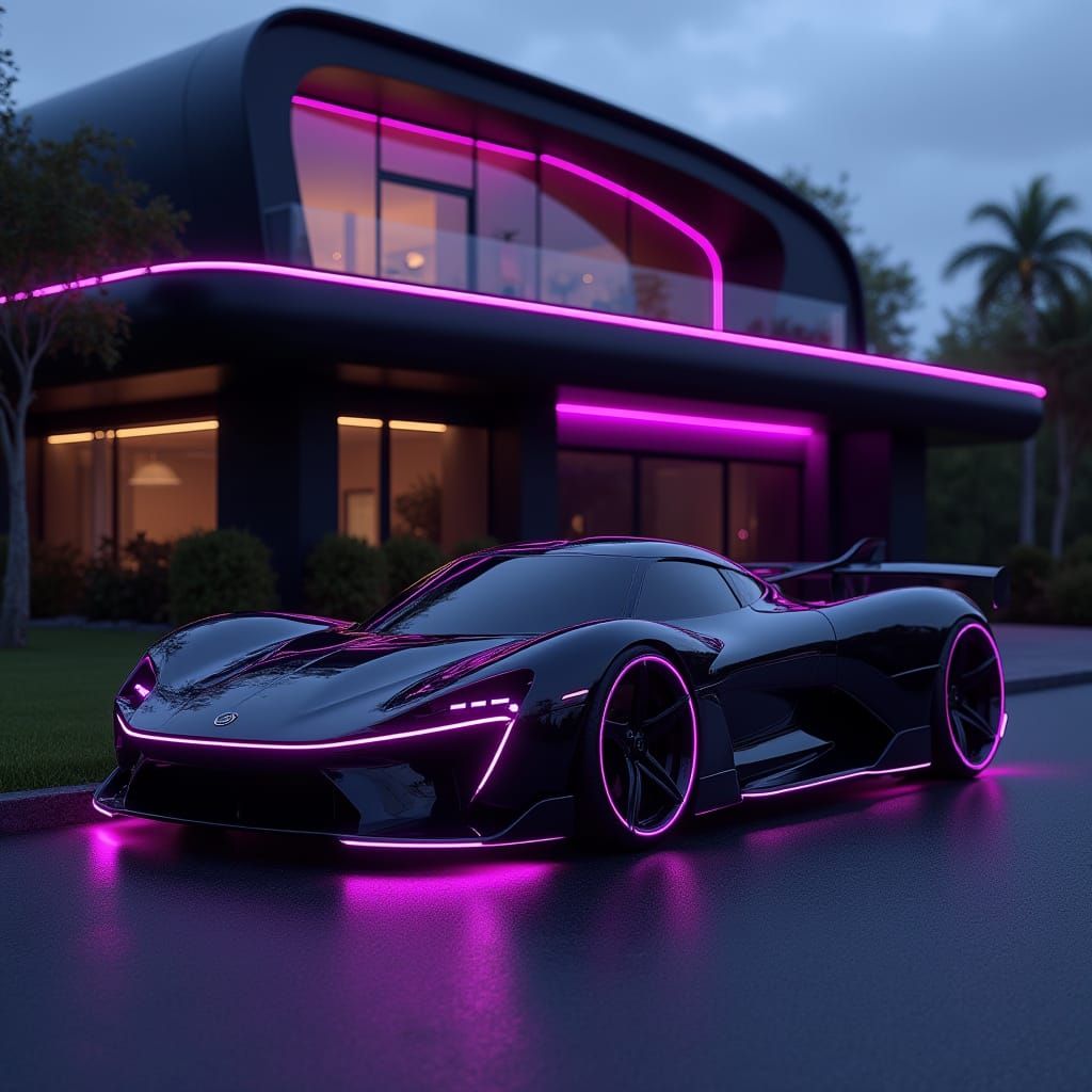 Futuristic Black Supercar with Neon Purple Lights