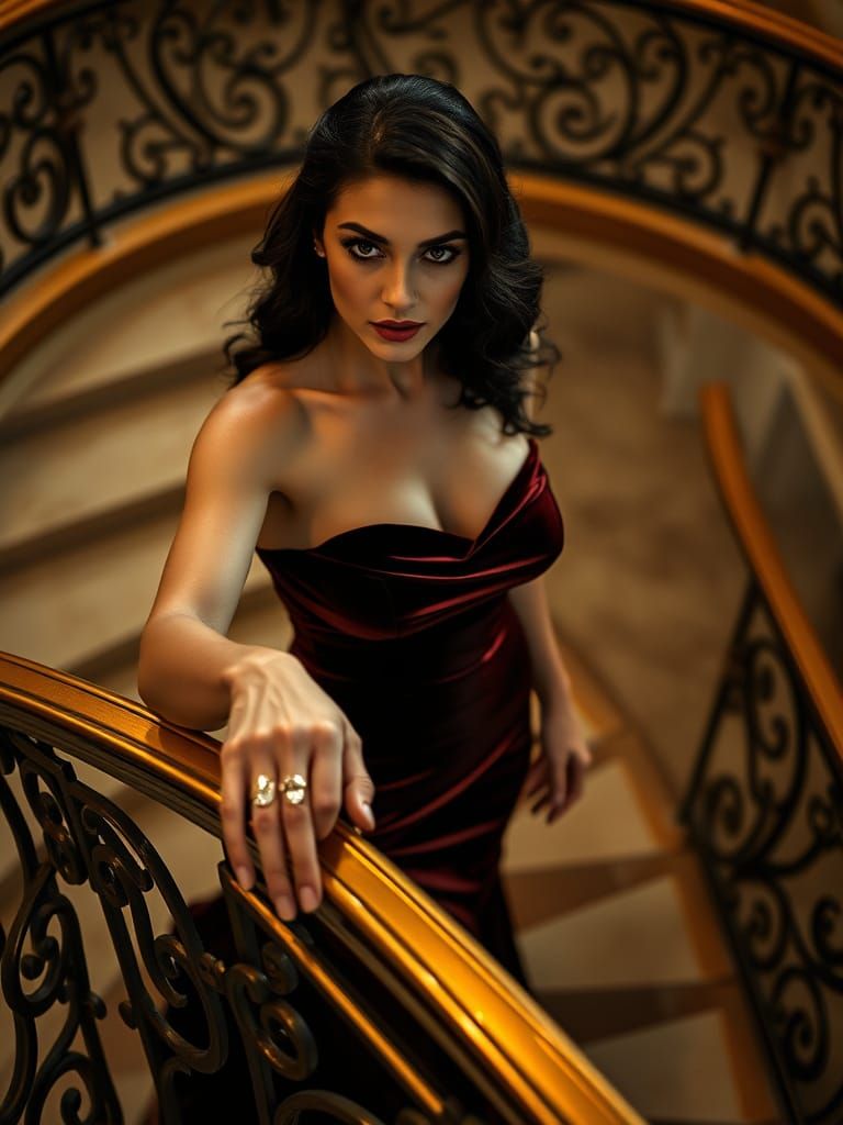 Elegant Woman Descends Grand Staircase in Old-World Hollywoo...