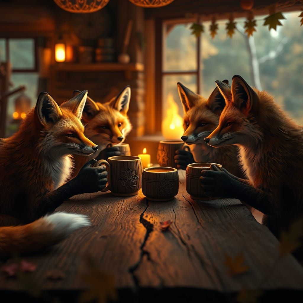 Cozy Autumn Cabin Scene with Foxes