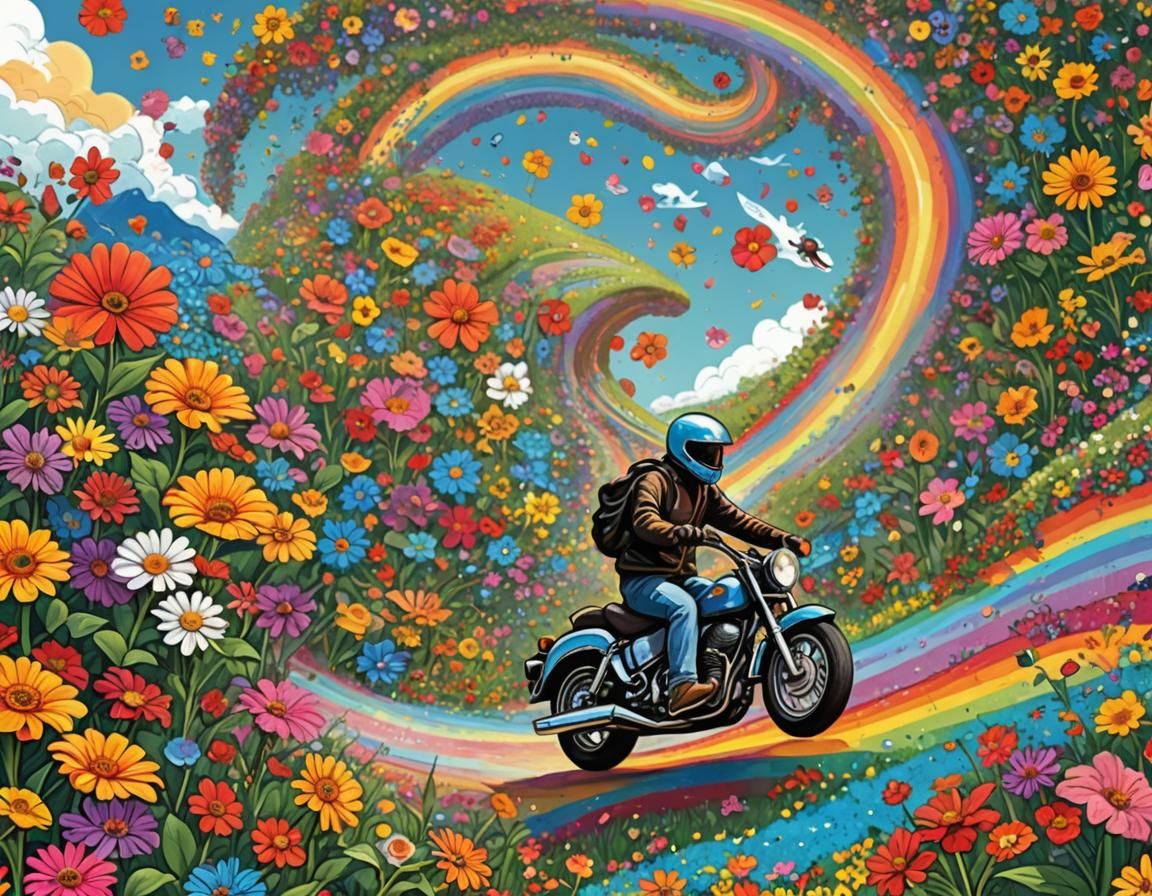 Flower Motorcycle on Rainbow Road: Surreal Illustration
