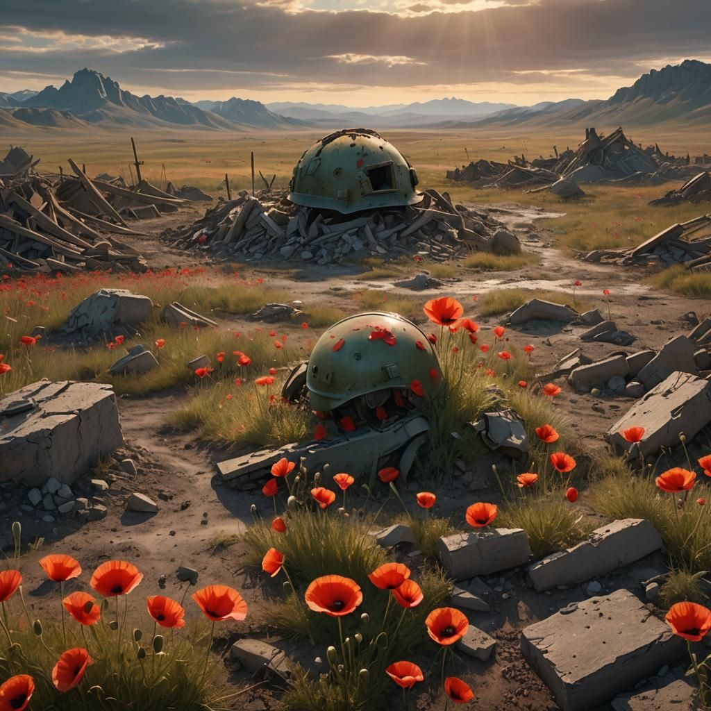 Poppies Bloom Over Battlefield, Art Deco Style