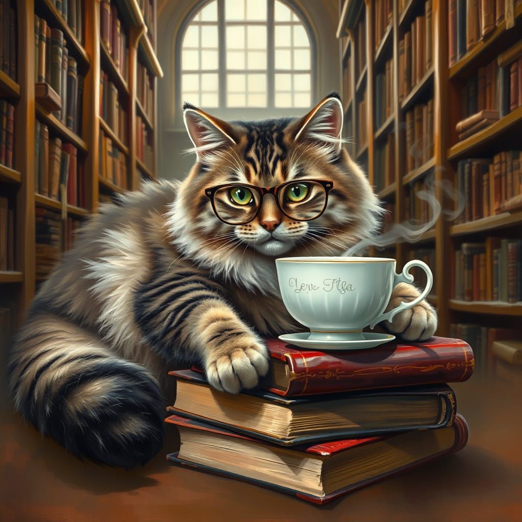 Serene Feline Scholar in Cozy Bookstore