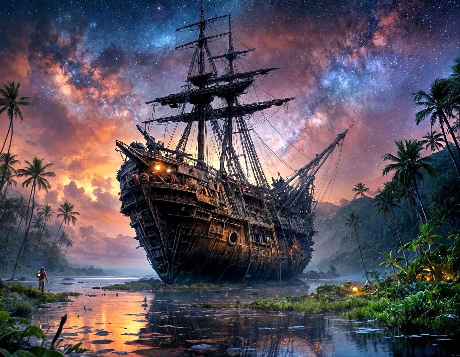 Pirate Ship in Hawaiian Swamp Under Nebula Sky