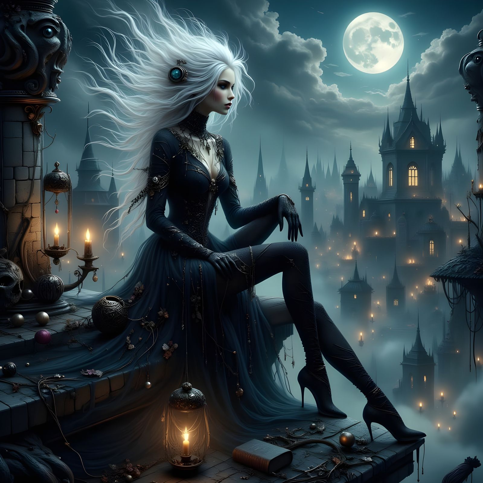 Mystical Witch Seeks Lunar Guidance in Gothic Cityscape
