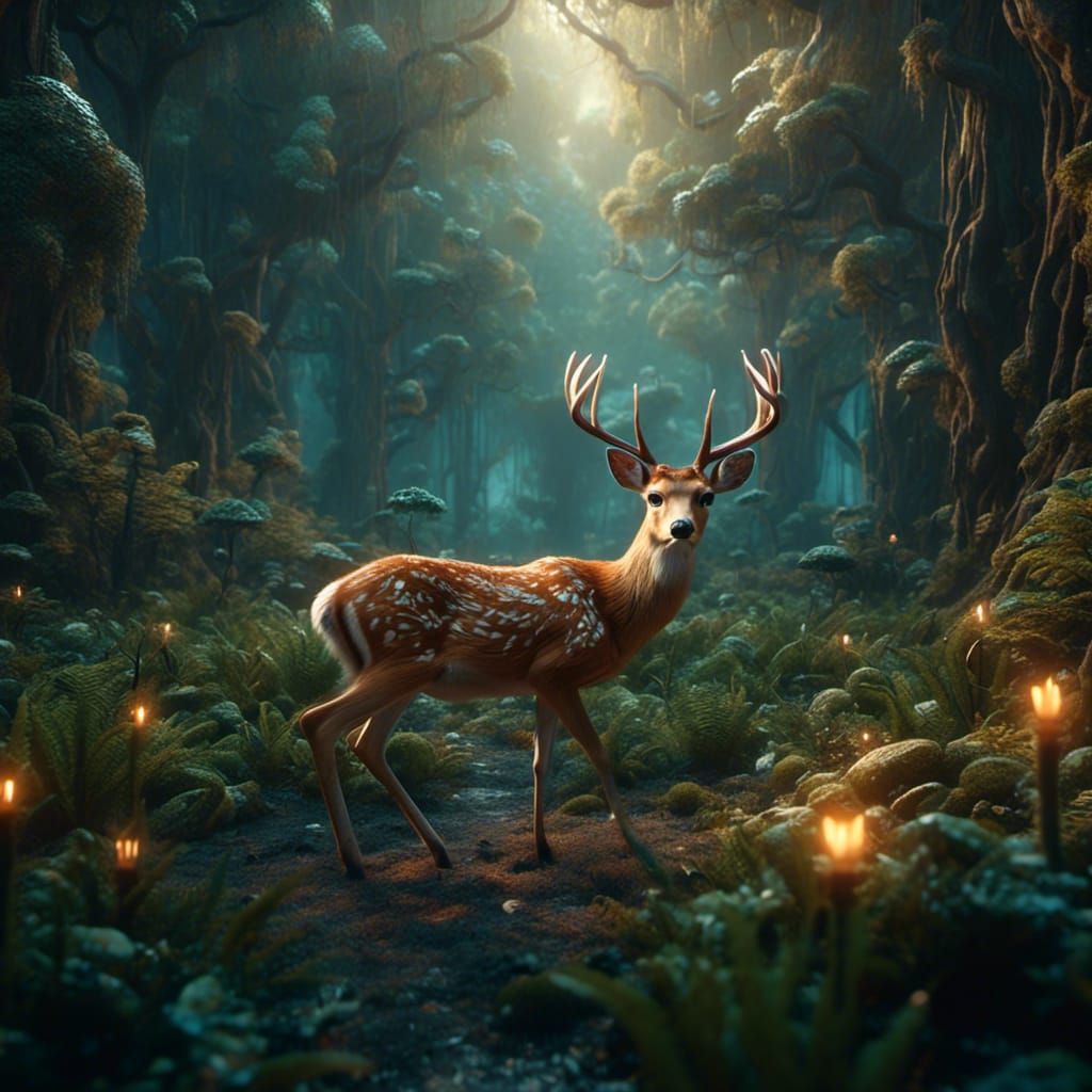Magical Forest Deer Fawn in Detailed Matte Painting