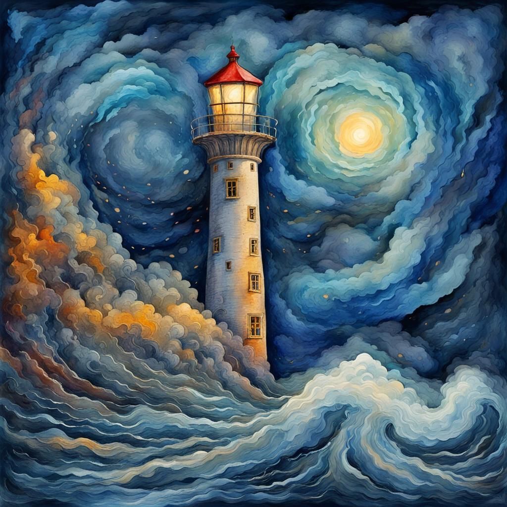 Lighthouse of Magic in Storm: Art Nouveau Impasto