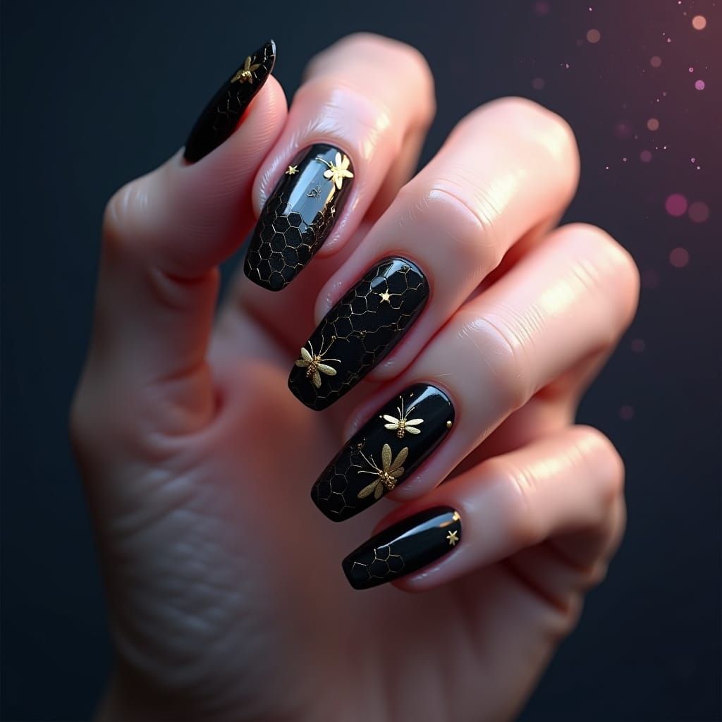 Honeycomb Nails with Golden Bees: Art Nouveau Fantasy