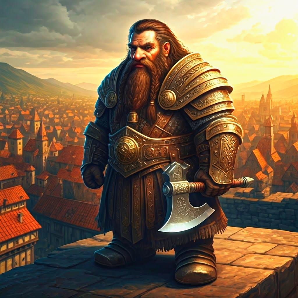Dwarf Warrior Priest on Castle Wall in Fantasy Art