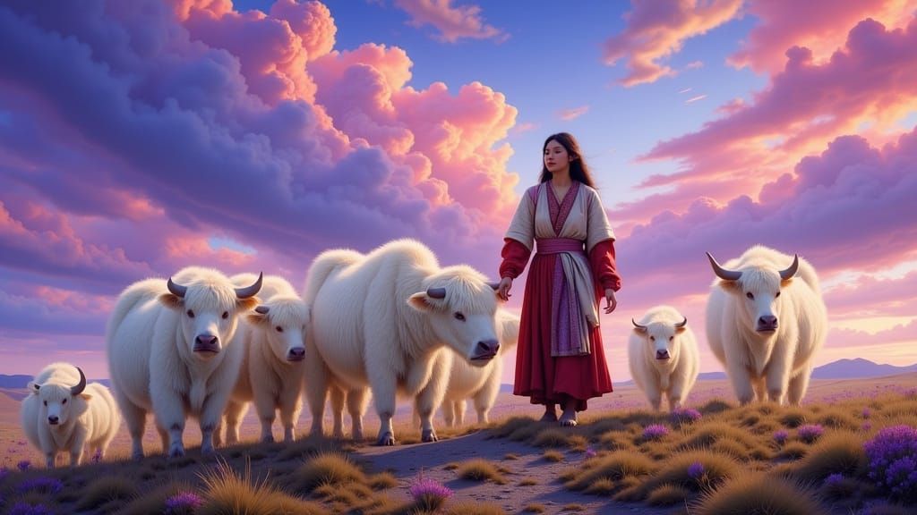 Mongolian Nomad Woman with White Yaks