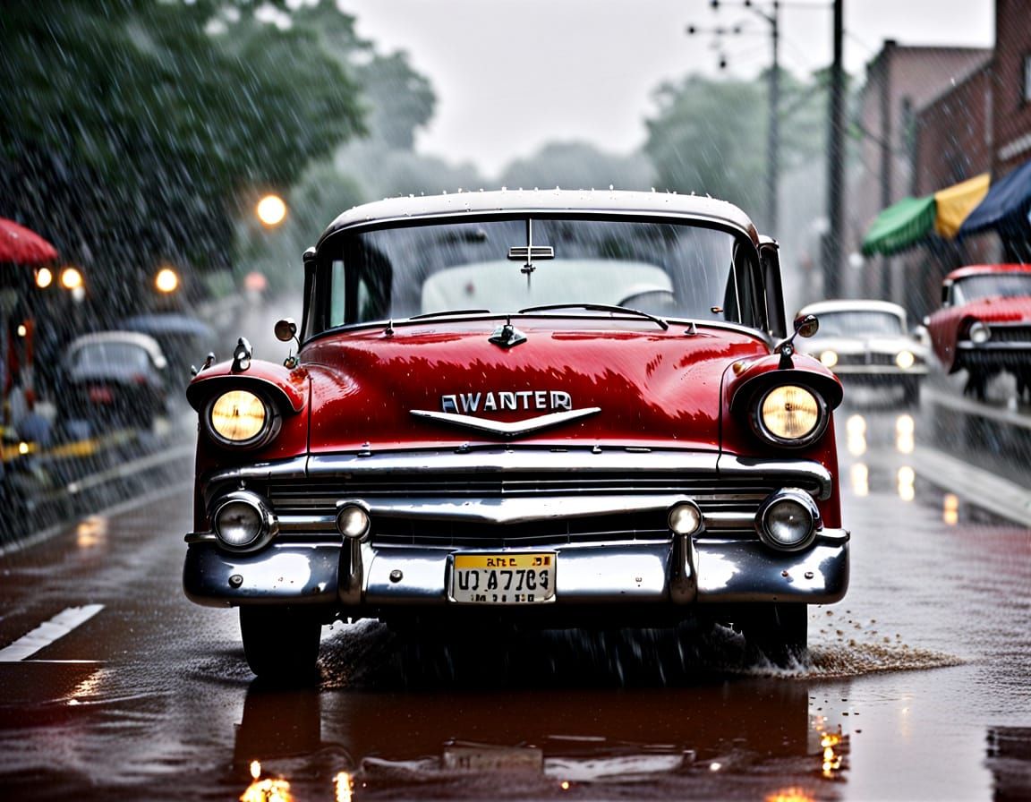 Retro Vehicle Driving in Heavy Rain