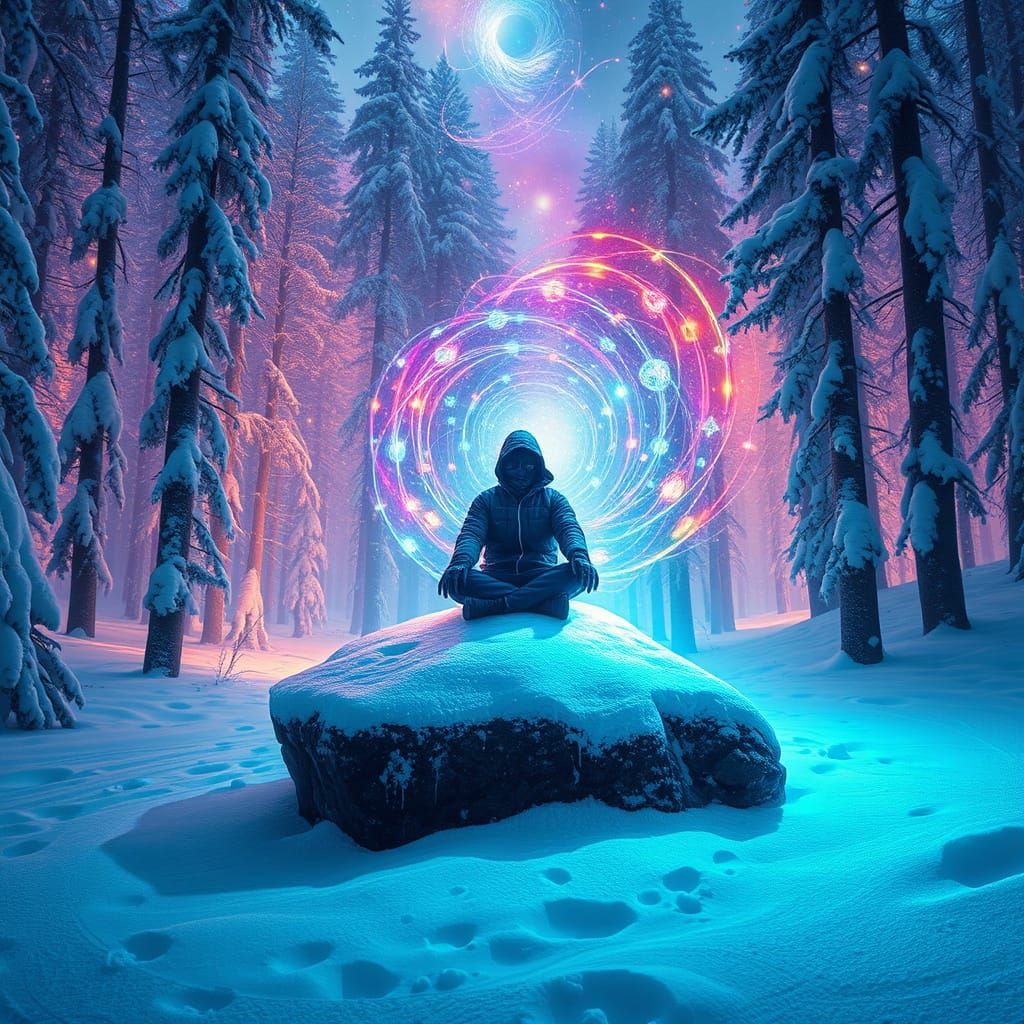 Meditative Winter Enchantment in Cosmic Hyperrealism
