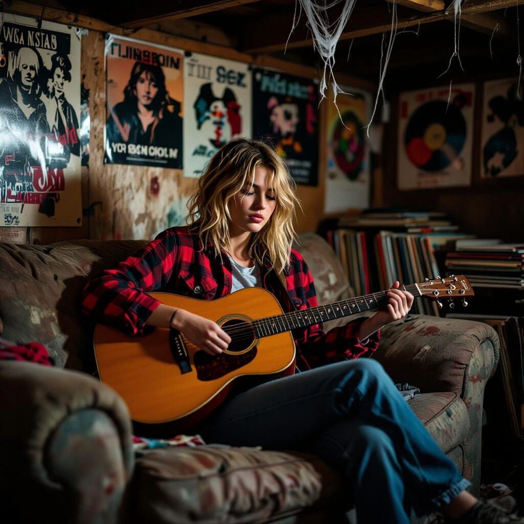 Young Woman Plays Guitar in Dimly Lit Basement