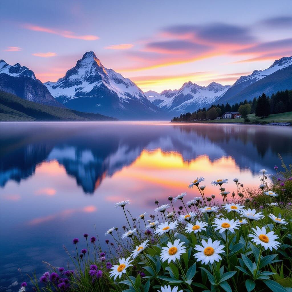 Ethereal Swiss Alps Sunset Reflected in Lake