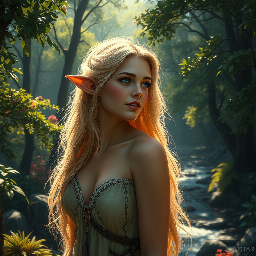 Blonde Elf Maiden in Forest, Matte Painting