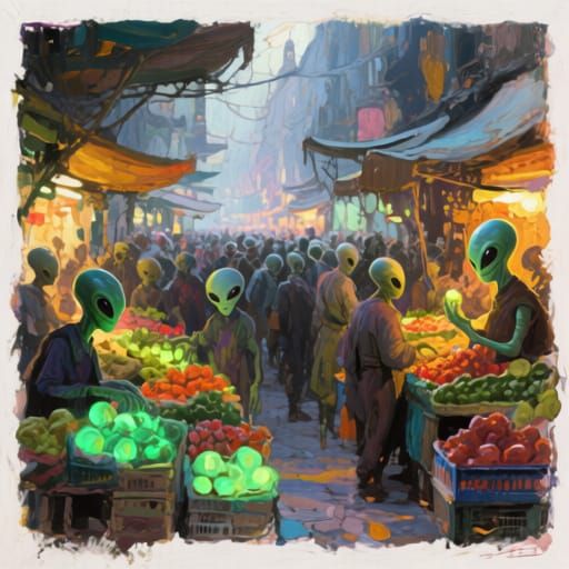 Alien Market with Glowing Produce in Gouache Style