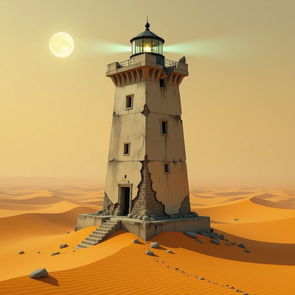 Brutalist Lighthouse in Dystopian Desert Landscape