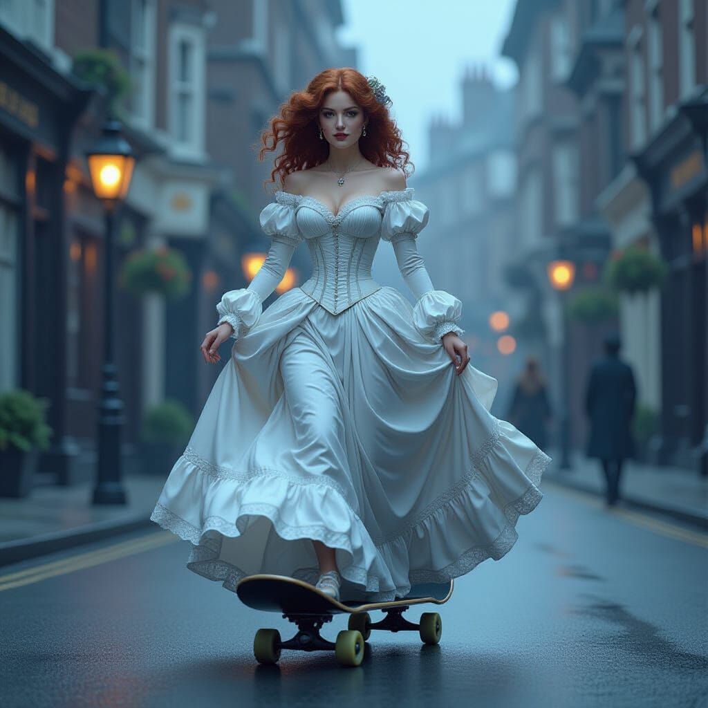Victorian Lady Rides Skateboard Through London