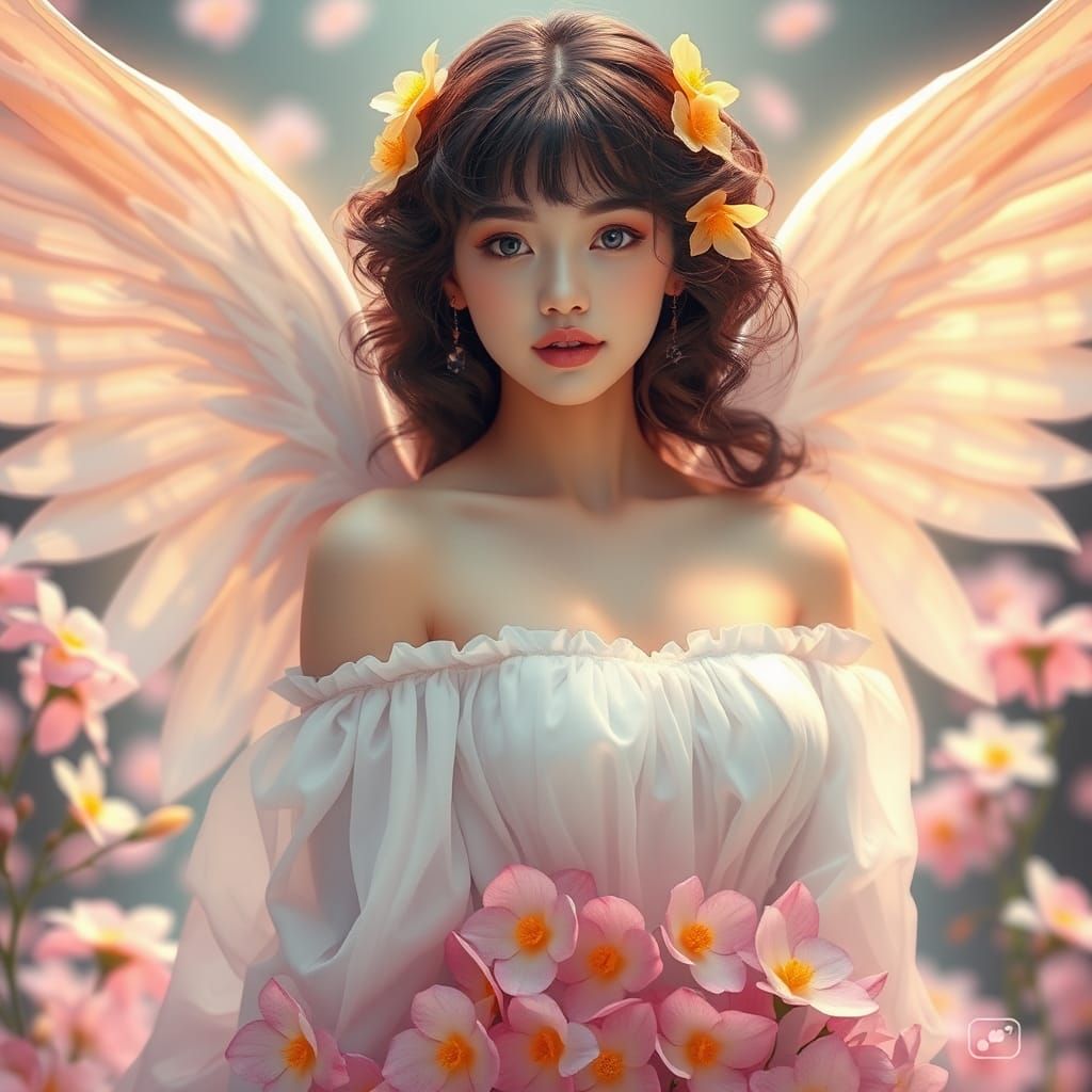 Ethereal Woman with Flowers: Digital Art