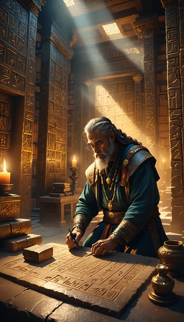 Ancient Scribe in Mystical Library Concept Art