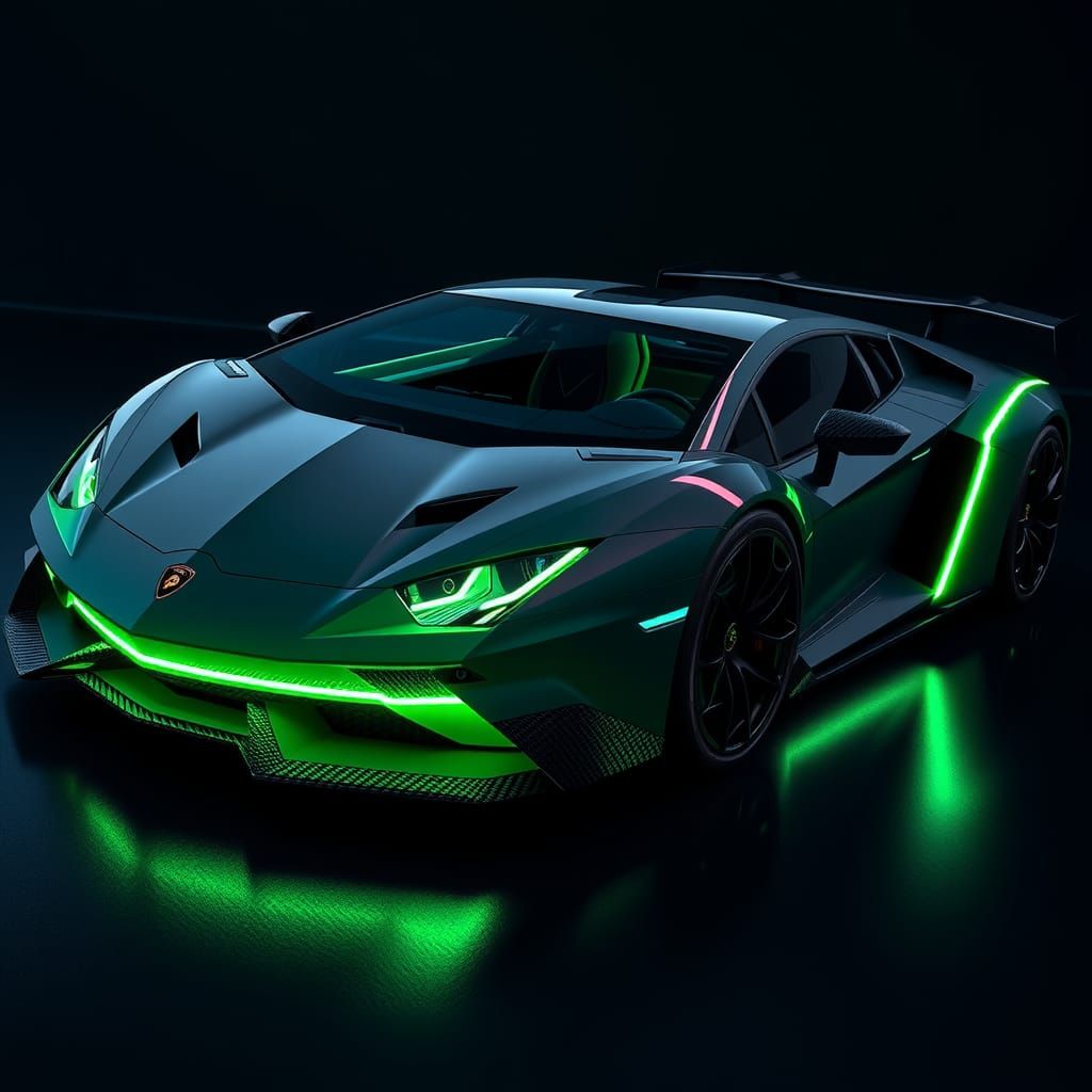 a lambo from the year 2065 with big green light on the bottom of the front windows visible from the outside and large gr...