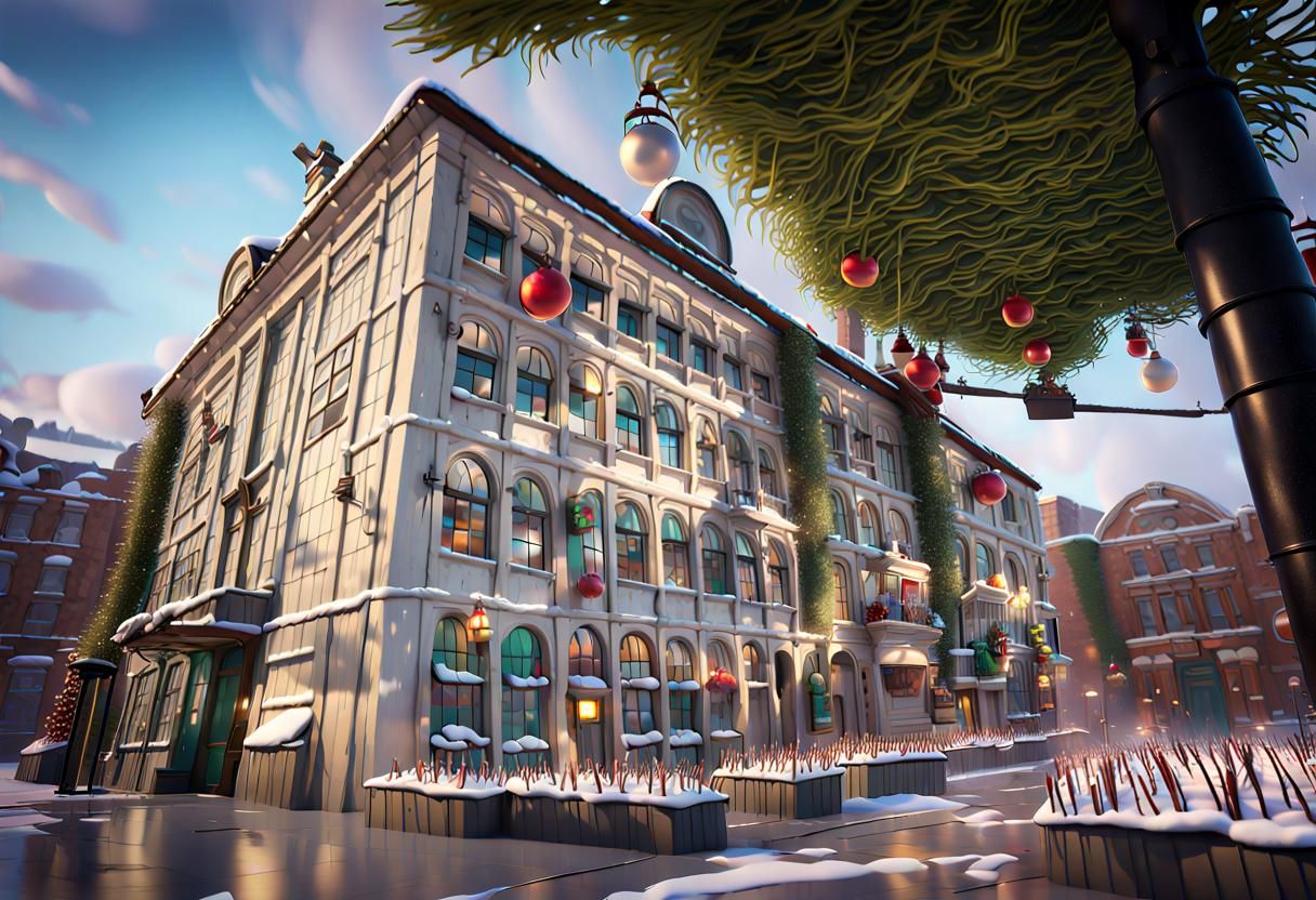 Festive Snow-Covered Building in Pixar Style