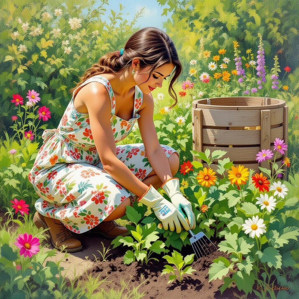 Woman Tending Garden in Earthy Tones