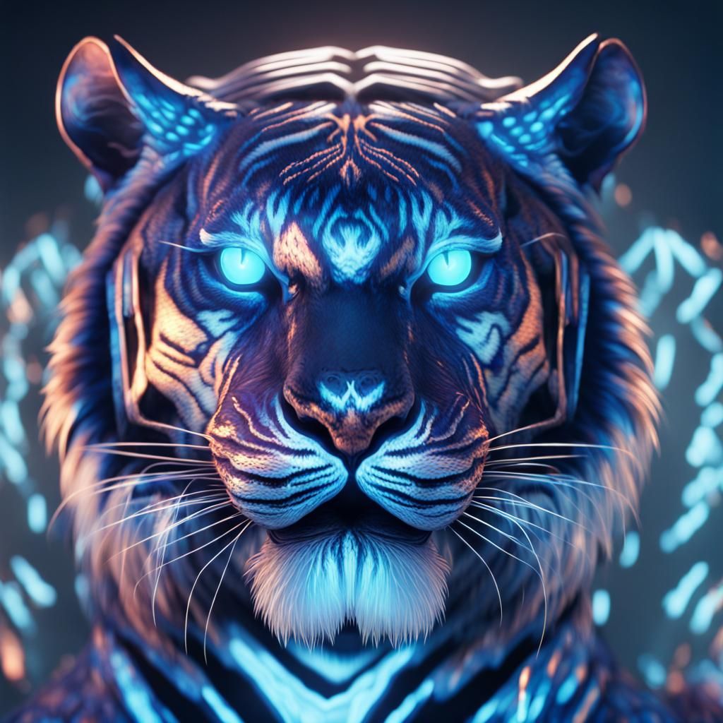Futuristic Blue Holographic Tiger Digital Painting
