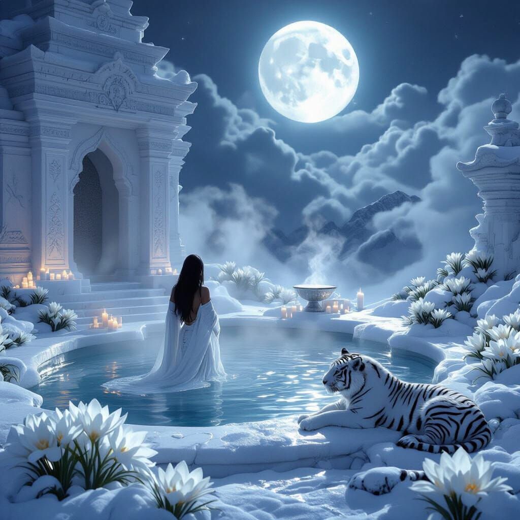 Mysterious Lunar Temple Scene with White Goddess and Tiger