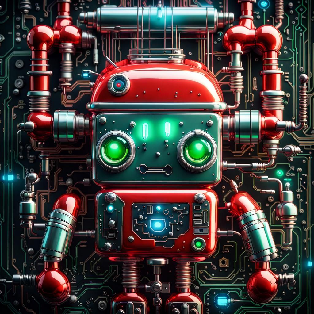 Kawaii Circuit Board Robot in Cyberpunk Style