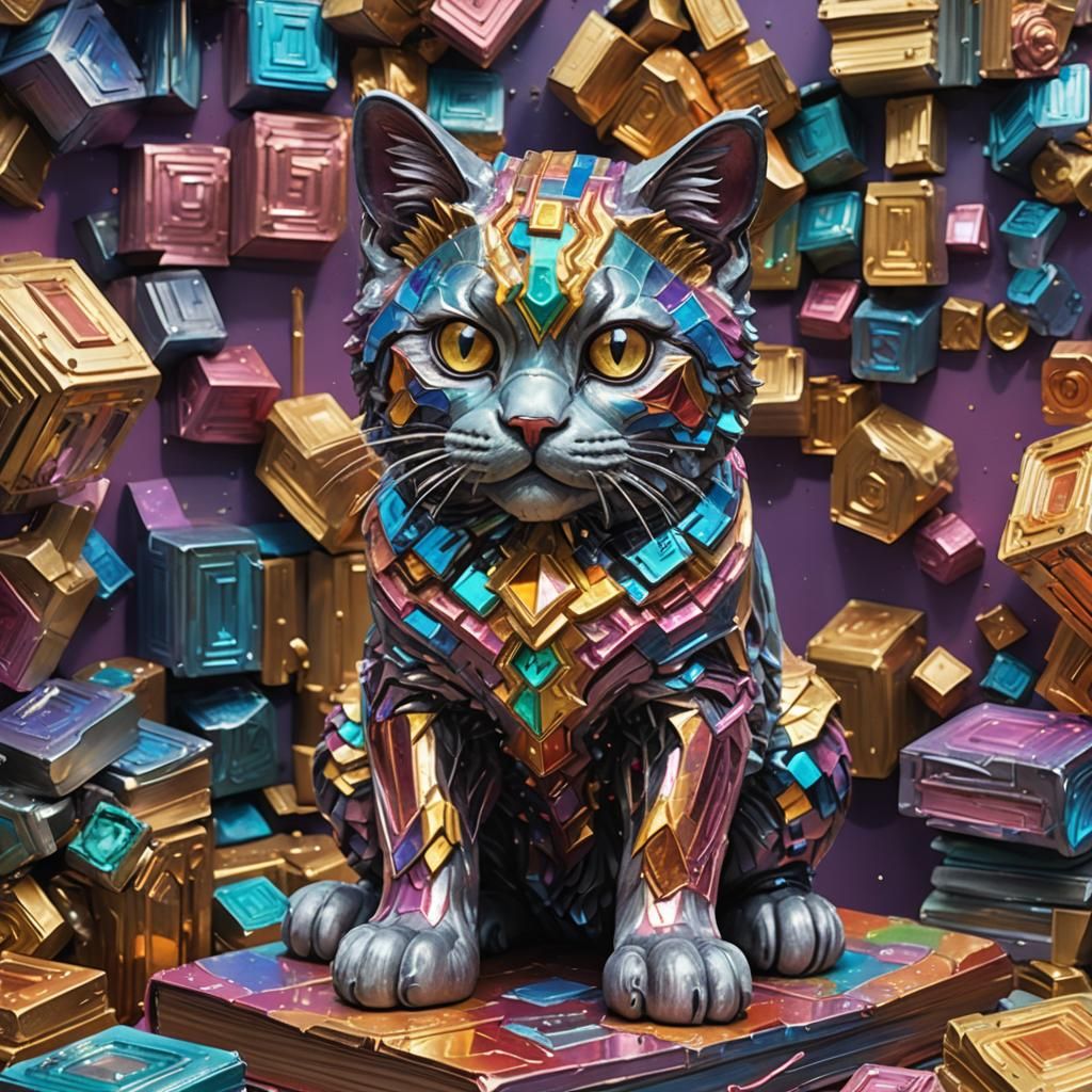 Hyperrealistic Bismuth Cat Statue Concept Art