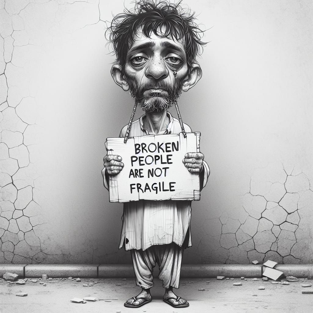 Monochrome Caricature of Tired Man with Sign