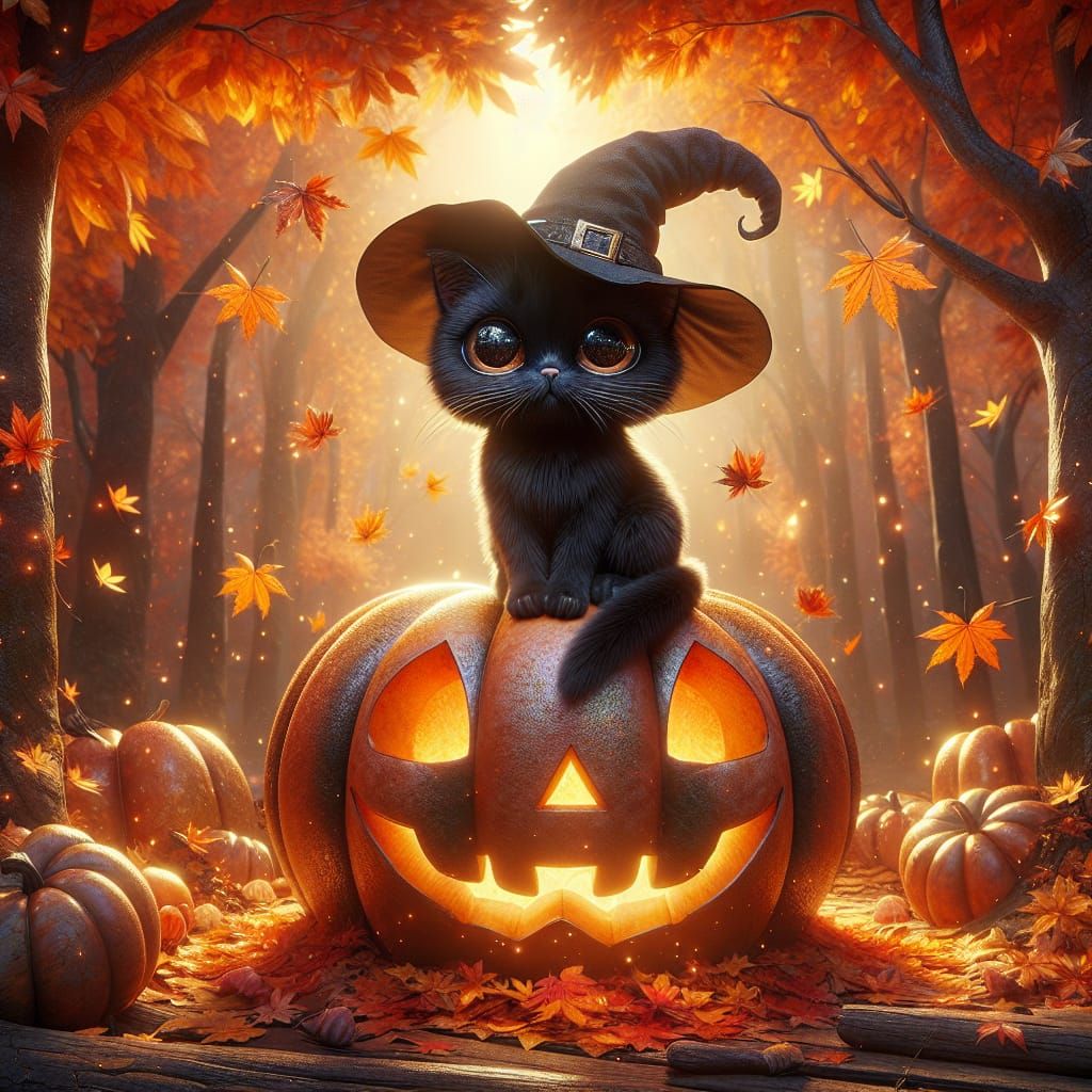 Autumn Scene with Black Cat in Witch Hat