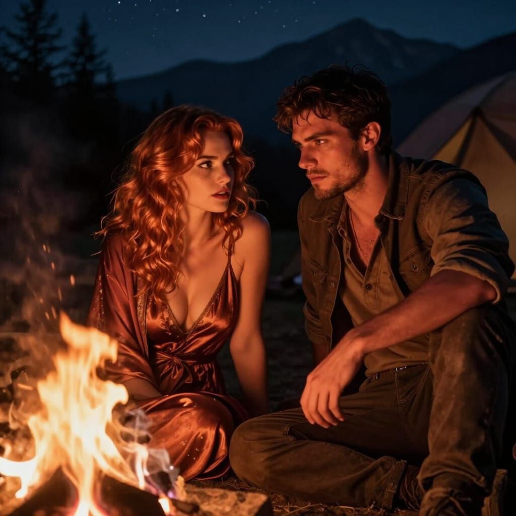 Seductive Couple by Campfire in Starry Mountains