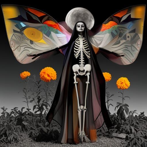 Santa Muerte Butterfly In flight,  in a Million Marigolds And Winter  Tree dreamscape, Salvador Dali collaboration Paul ...