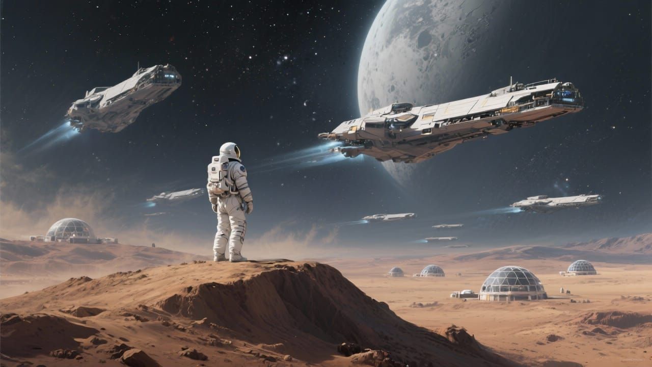 Astronaut Surveys Barren Planet with Futuristic Domes