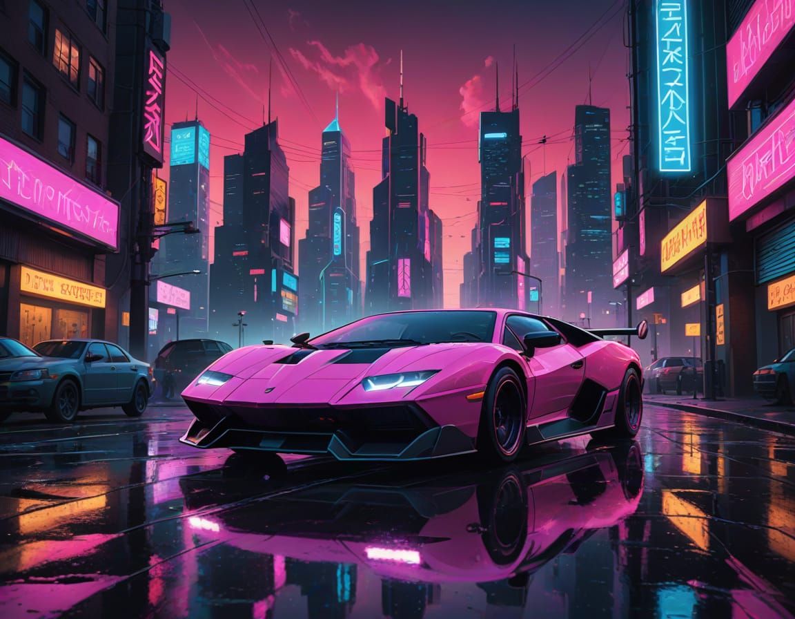 Sci-Fi Car in Neon City, Gouache Style