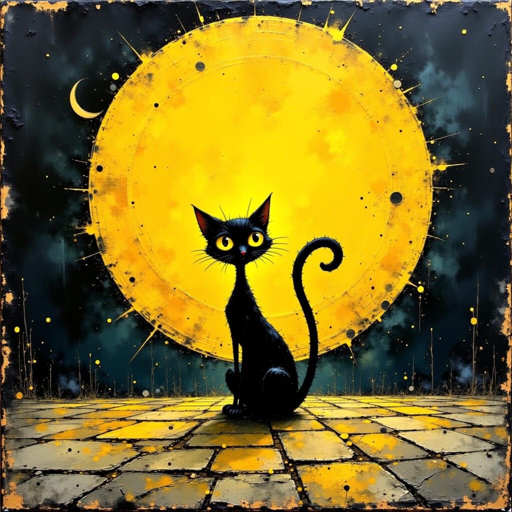 Cartoon Cat Under Moon in Basquiat-Style Art
