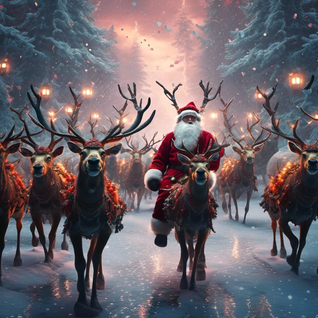 Santa Claus and Reindeer in Christmas Scene