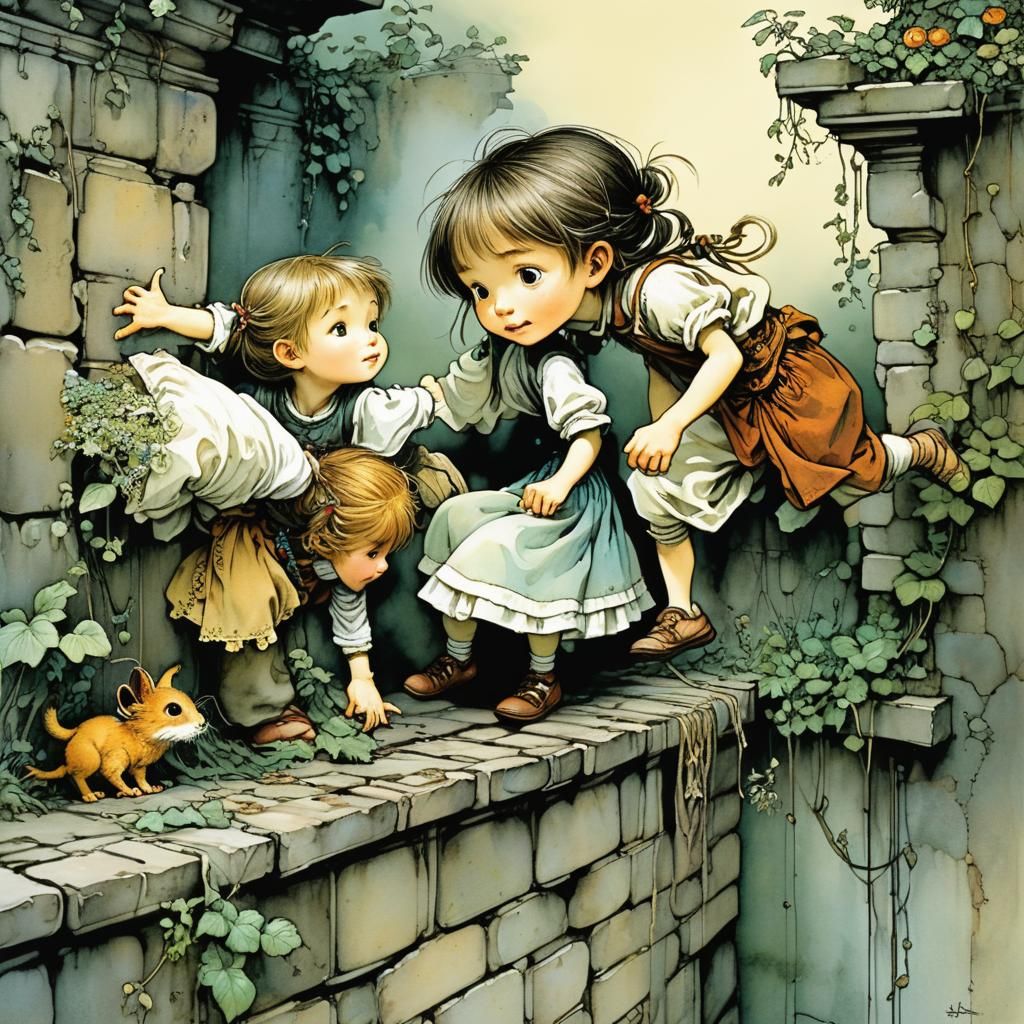 Children Help Sister Over Wall: Golden Age Illustration