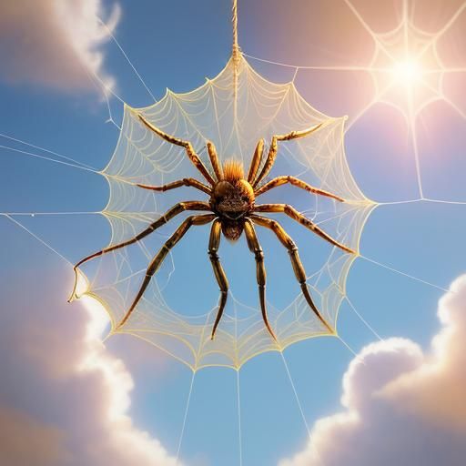 Money Spider Weaving Web in Heavenly Clouds