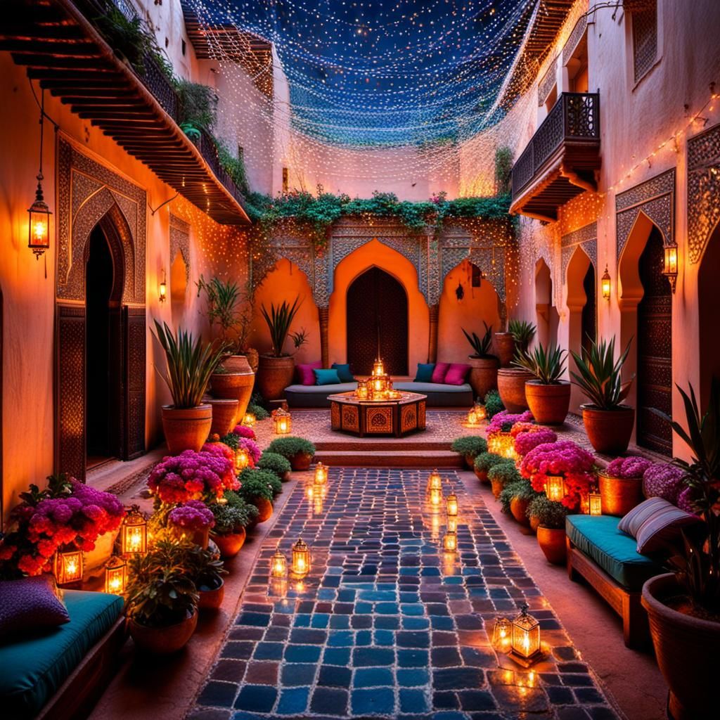 Enchanted Moroccan Courtyard with Fireflies and Lanterns
