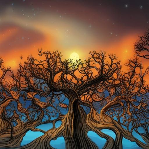 Majestic Oak Under Starry Aurora Sky