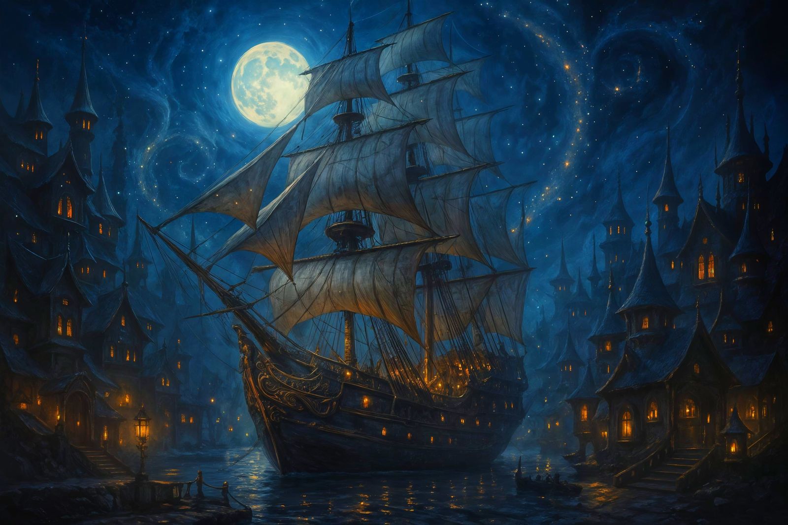 Majestic Frigate in Enchanted Harbor Under Moonlight