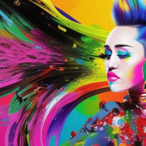 Colorful Paint Splatter Portrait of Miley Cyrus