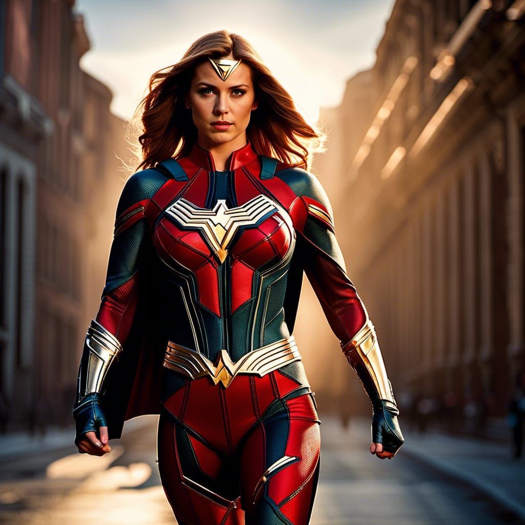 Female Superhero Full Body Shot, Volumetric Lighting