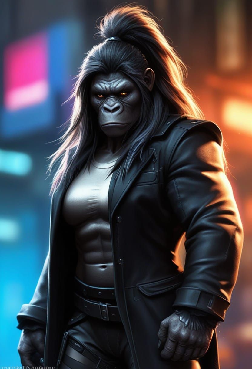 Cyberpunk Warrior Queen Kong in Neon Alleyway